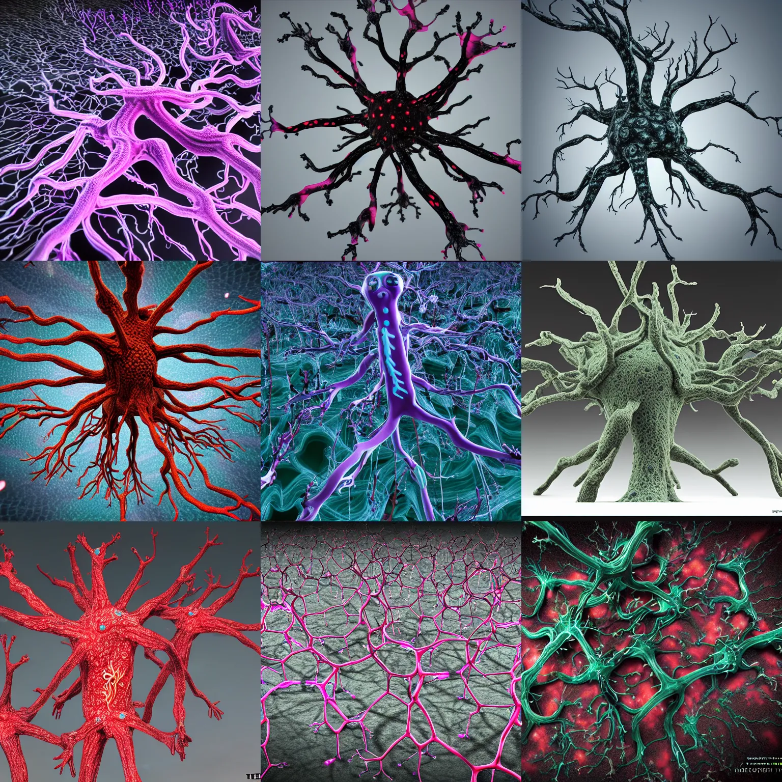 Prompt: army of lsd neuron dendritic monster, t - pose, hyperrealistic, hyperdetailed, vray, 5 5 mm
