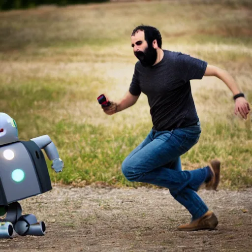 Image similar to Eliezer Yudkowsky being chased by a robot, movie still, DSLR 50mm