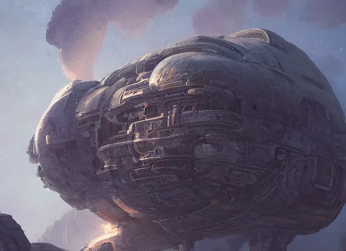 Image similar to A ancient crashed spaceship, billowing smoke, greeble by Raoul Vitale and Greg Rutkowski