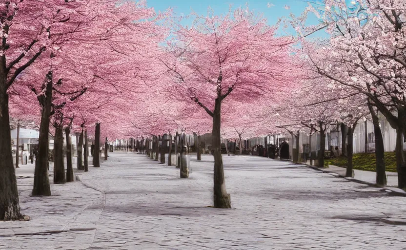 Prompt: cherry trees blossoming on the sidewalk, digital art, highly detailed, trending on artstation, beautiful lighting