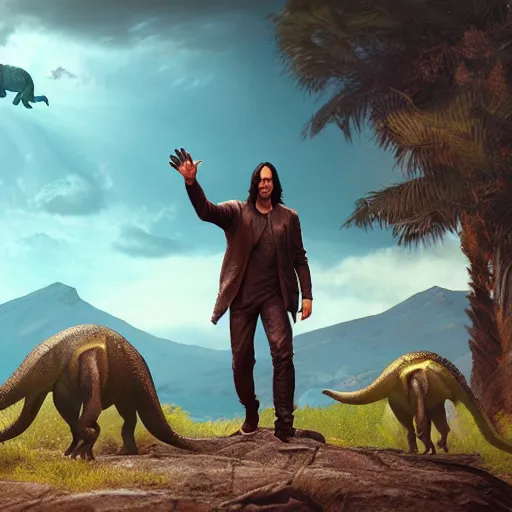 Image similar to a hyper real comic book style portait painting of keanu reeves in the stone age with dinosaurs, unreal 5, hyperrealistic, octane render, cosplay, rpg portrait, dynamic lighting