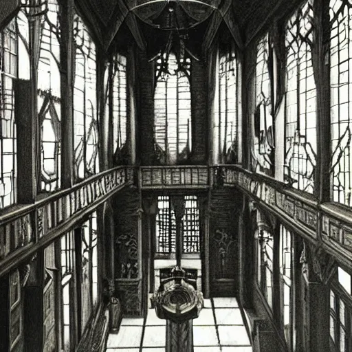 Prompt: main hall of a castle with dark wood trim and stained glass windows with a grand staircase that extends upwards infinetly, subtle lovecraftian vibes, ethereal, oil painting, mc escher