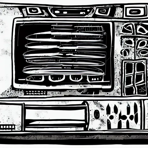 Image similar to Illustration of an old, rotten computer. Ancient tribal style.