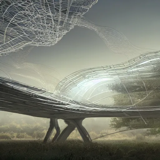 Prompt: futuristic branching and webbed and vaulted steel structure stretching out across the countryside, beautiful dynamic lighting, cinematic, wide angle establishing shot, extremely high detail, photo realistic, cinematic lighting, post processed, concept art, artstation, matte painting, style by eddie mendoza, raphael lacoste, alex ross, volumetric lighting, light rays, photorealistic, ultrarealistic, moody, coronarender, 8k