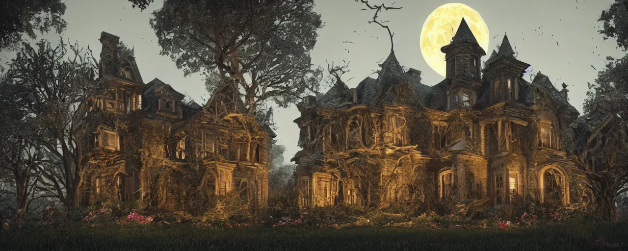 Image similar to A haunted Mansion in the middle of the woods at night during the Lunar Eclipse, evil, demonic, enchanting, angelic, flowers, nature, city, symmetry, environment concept, cinematic, Rendered in Octane, trending on artstation, cgsociety, moody lighting rendered by octane engine, environment 8K artstation, cinematic lighting, intricate details, 8k detail post processing, hyperealistic, octane render, photo realism, visually inspired by Stephen King