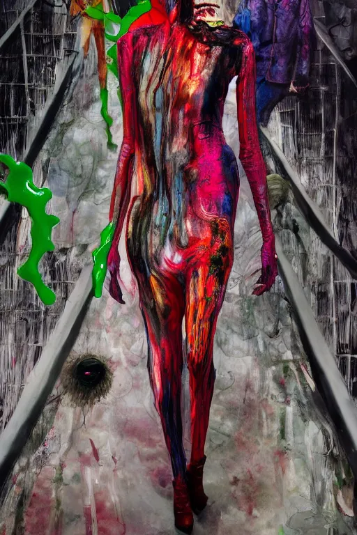 Image similar to crazy fashion catwalk, one model, crazy clothes, biopunk style, horror, clothes look like slime, hauntingly surreal, highly detailed painting by francis bacon, edward hopper, adrian ghenie, gerhard richter, and james jean soft light 4 k,