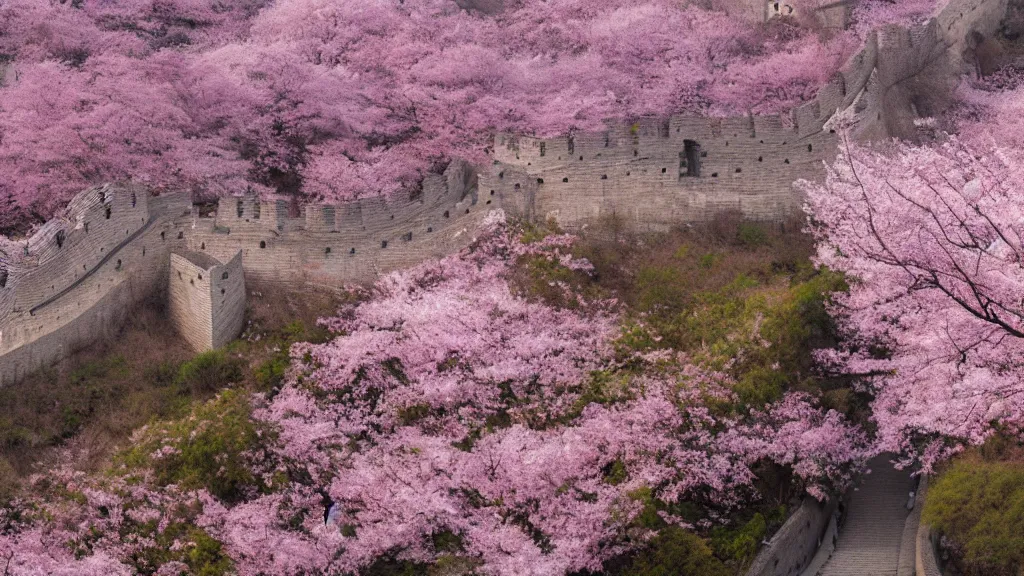 Image similar to arial view of pink cherry blossom trees growing in the great wall of china, andreas achenbach, artgerm, mikko lagerstedt, zack snyder, tokujin yoshioka