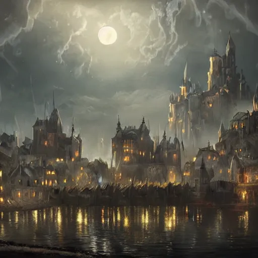 Image similar to medieval city floating above a sea in the moonlight with some puffs of clouds with a dark and gloomy theme, ultra fine detail, concept art, matte painting