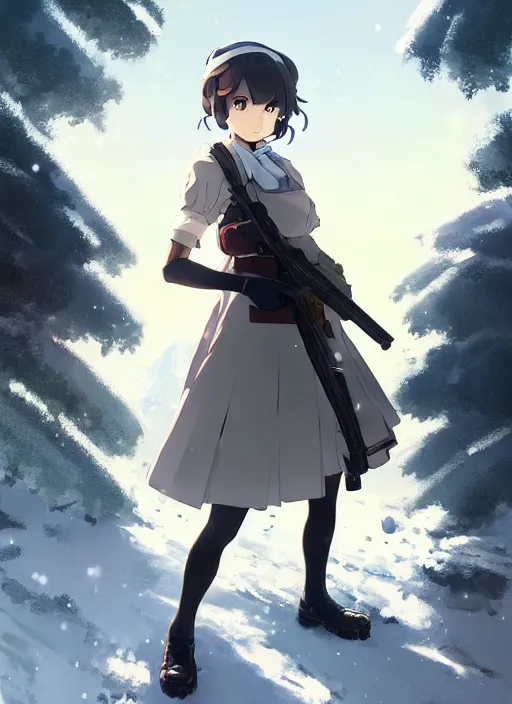 Prompt: portrait of anime maid maid dress with rifle in hands running winter by greg rutkowski, key visual, kyoto animation, makoto shinkai, studio ghibli pixiv, sharp, detailed, high quality, award winning trending on artstation super detailed face sparkling eyes fingers