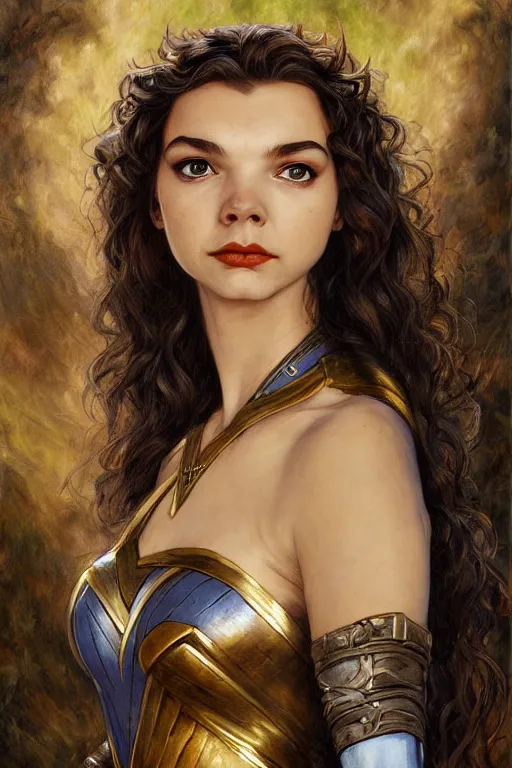 Image similar to A fantasy comic book style portrait painting of, hybrid of Gal Gadot, Anya Taylor-Joy, as a Mystical Valkyrie, a beautiful female Reptilian warrior, Regal, Realistic, Refined, Detailed Digital Art, Josephine wall, Oil Painting, William-Adolphe Bouguereau, Art Frahm, Esao Andrews, Steampunk, Walt Disney (1937), Highly Detailed, Cinematic Lighting, Unreal Engine, 8k, HD