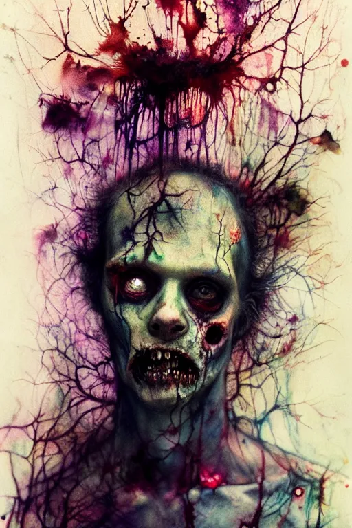 Image similar to autochrome of a rotting zombie cop by agnes cecile, brian froud, intricated details, 3 / 4 view, full body portrait, extremely luminous bright design, horror, pastel colours, toxic drips, autumn lights