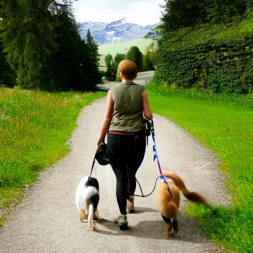 Prompt: a woman walking her dog in switzerland, artistic, detailed, high resolution,