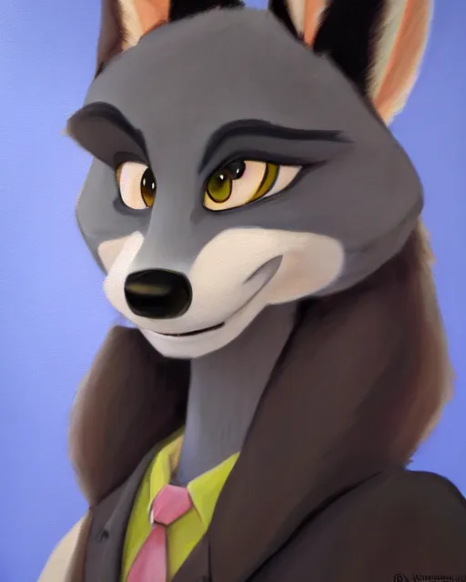 Image similar to oil painting of anthromorphic female wolf, in style of zootopia, zootopia, zootopia, fursona, furry, furaffinity, 4 k, deviantart, furry art, fursona art, wearing black business suit, business suit, in style of zootopia, wolf fursona, cyberpunk, female, expressive detailed feminine face,