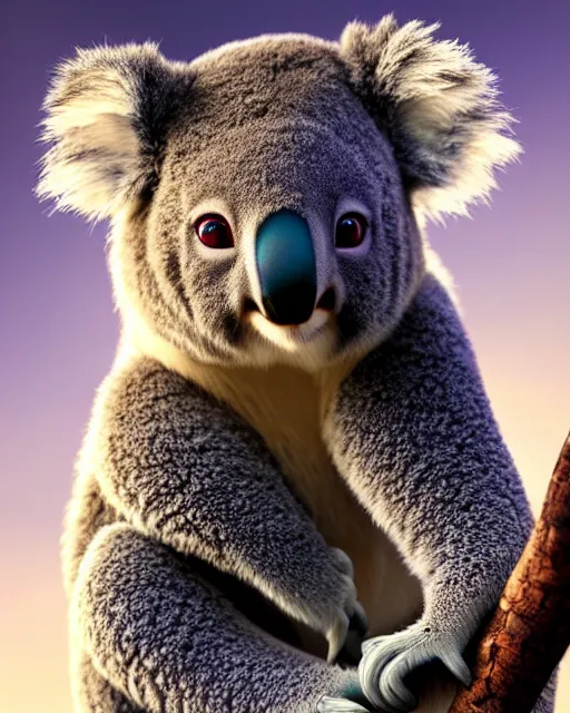 Image similar to movie still macro close photo of koala, by weta disney pixar greg rutkowski wlop ilya kuvshinov rossdraws artgerm octane render iridescent, bright morning, liosh, mucha