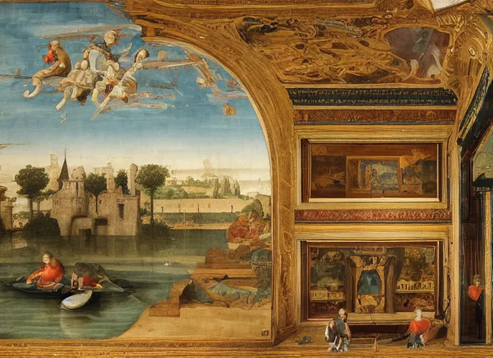 Image similar to a renaissance castle room flooded with water, a robot is sitting in a small boat in the room fishing,