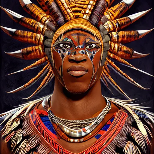 Image similar to a full body muscular male with an african mask, wearing an african armor, shaman, zulu, hamar, himba, karo, masai, samburu, by alex gray and android jones, karol bak, ilya golitsyn, ayami kojima, amano, black panther, moebius, concept art, character design, fantasy, 3 d, 8 k resolution