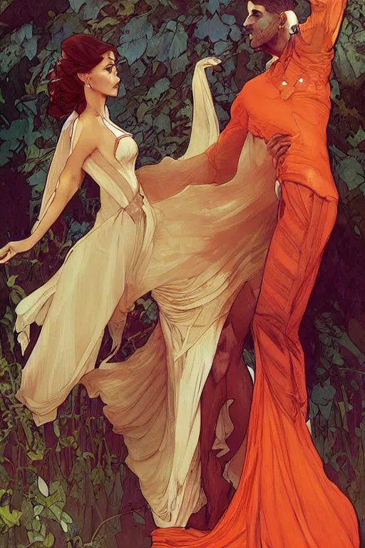 Image similar to man in orange shirt fastens beautiful dress of his spouse before going to exquisite gala art by artgerm and greg rutkowski and charlie bowater and magali villeneuve and alphonse mucha