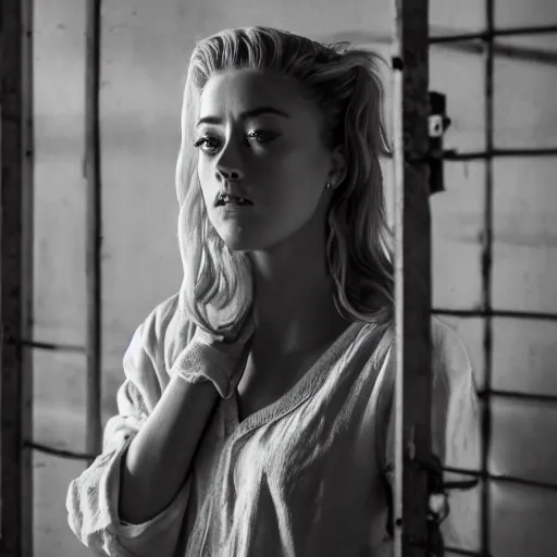 Prompt: amber heard alone inside a prison cell behind bars, ultra realistic, canon 3 5 mm portrait photography, 1 8 0 0 s, 8 k