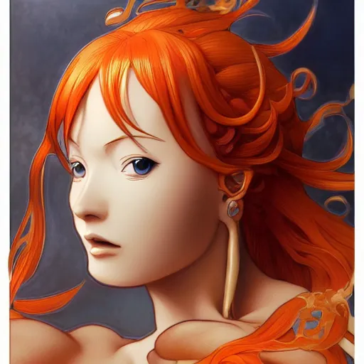 Image similar to intricately detailed vfx portrait of nami from one piece by eiichiro oda, makoto shinkai, alphonse mucha, art by artgerm and greg rutkowski, best of behance, concept art, matte, sharp focus, orange hair, elegant, adolphe bouguereau, annie leibovitz, stanley kubrick, 4 k hdr,