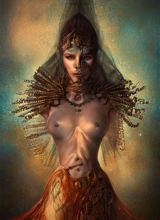 Image similar to epic portrait of menacing and agitated yet stunningly beautiful biomechanical djinn priestess of creation overseeing the iridescent fabric of the universe, by charlie bowater, mandy jurgens, gustav klimt, octane render, dramatic camera angle, 4k, 8k, high detail, HDR, by tom bagshaw, powerful, with inspiration from Beksinski, inspired by greek goddess Athena