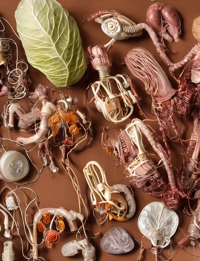 Prompt: a well - lit studio photograph of various earth - toned plastic translucent artificial hearts and organs, some wrinkled resembling reddish brown plastic cabbage, some long, various sizes, textures, and transparencies, beautiful, smooth, layered detailed, intricate art nouveau internal anatomy model