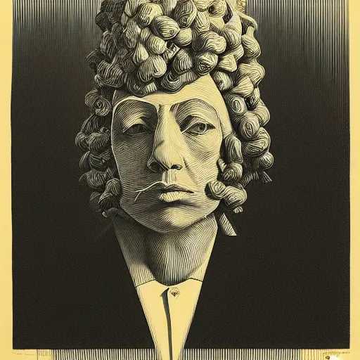 Image similar to lithography on paper conceptual figurative post - morden monumental portrait by goya and escher, illusion surreal art, highly conceptual figurative art, intricate detailed illustration, controversial poster art, polish poster art, geometrical drawings, no blur