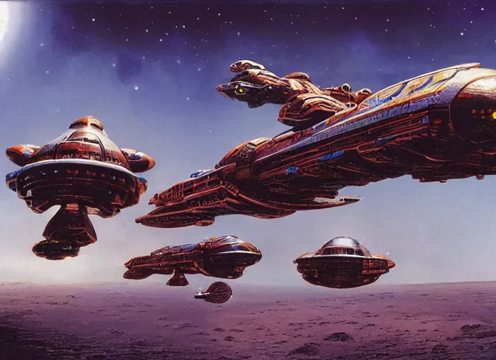 Prompt: spaceship, cinematic matte painting, peter elson, chris foss