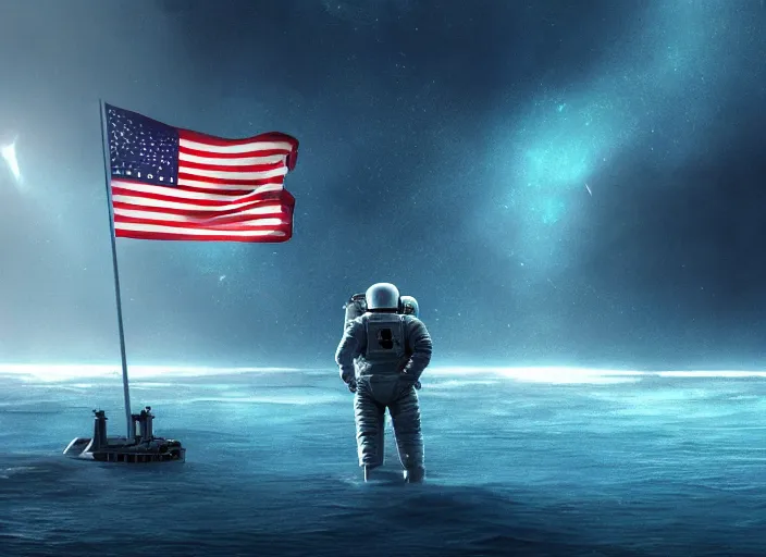 Image similar to astronaut holding a flag in an underwater desert. a submarine is visible in the distance. dark, concept art, cinematic, dramatic, atmospheric, 8 k, trending on artstation, blue, fish, low visibility, fog, ocean floor, christopher nolan, interstellar