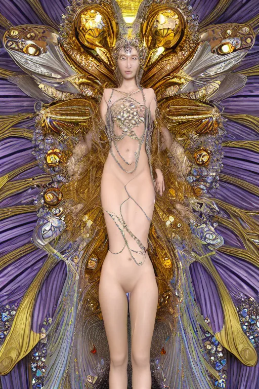 Image similar to a highly detailed metahuman 4 k close up render of an alien goddess bella hadid as sixwinged seraphim in iris van herpen dress schiaparelli in diamonds crystals swarovski and jewelry in style of alphonse mucha gustav klimt trending on artstation made in unreal engine 4