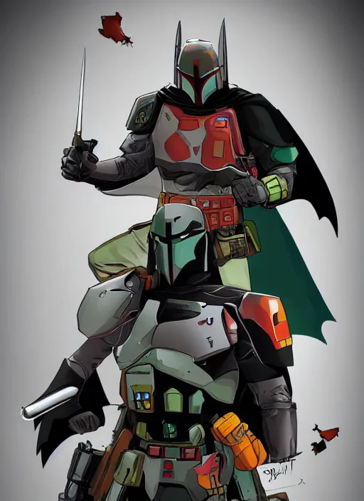 Image similar to batman x boba fett, digital art, character mashup, epic lighting, combination art