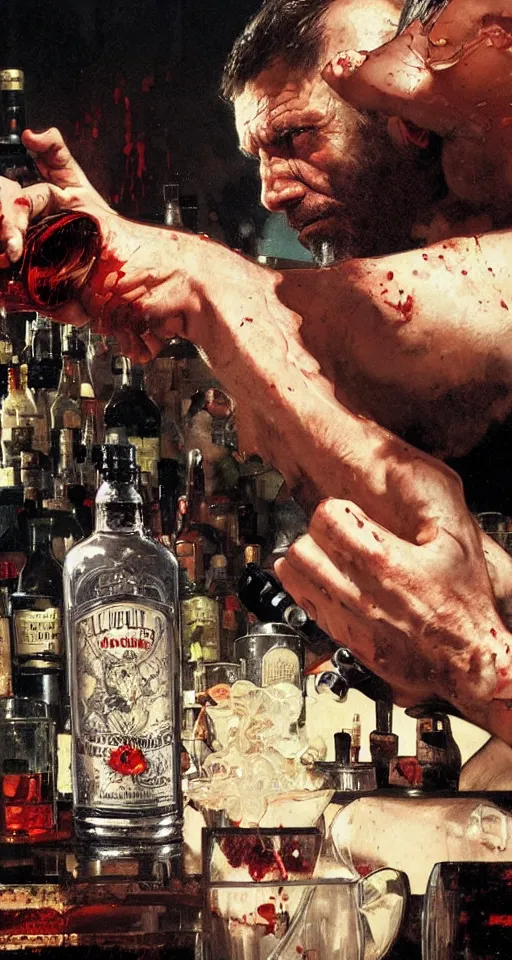 Image similar to close up of bloodied max payne pouring vodka, sun shining, photo realistic illustration by greg rutkowski, thomas kindkade, alphonse mucha, loish, norman rockwell.