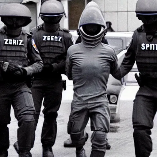 Image similar to extraterrestrial zeta reticulan grey alien, being arrested by spetsnaz