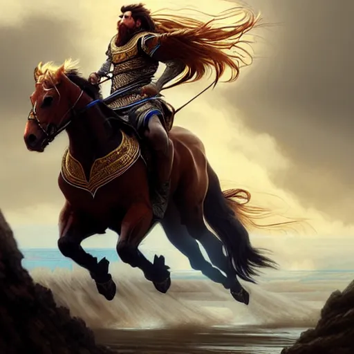 Image similar to Lionel Messi riding a majestic horse, D&D, fantasy, intricate, elegant, highly detailed, digital painting, artstation, concept art, matte, sharp focus, illustration, art by Artgerm and Greg Rutkowski and Alphonse Mucha