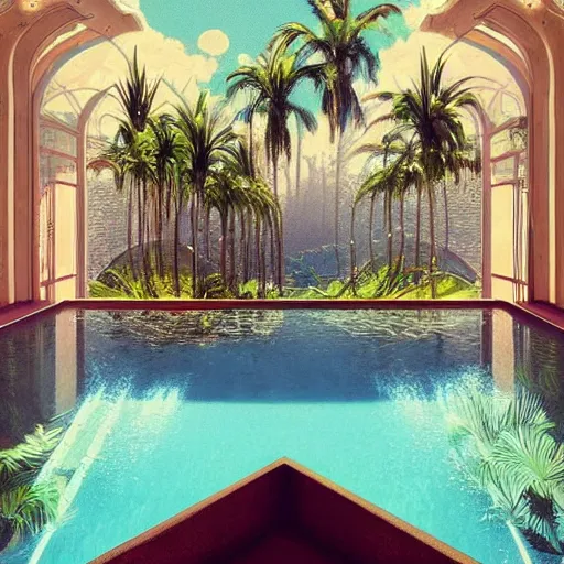 Image similar to waterfall, indoor liminal space, golden light, greg rutkowski, palm trees, pink door, minimalistic, hyperrealistic surrealism, award winning masterpiece with incredible details, epic stunning, infinity pool mirrors, a surreal vaporwave liminal space with mirrors, highly detailed, trending on artstation, artgerm and greg rutkowski and alphonse mucha, daily deviation