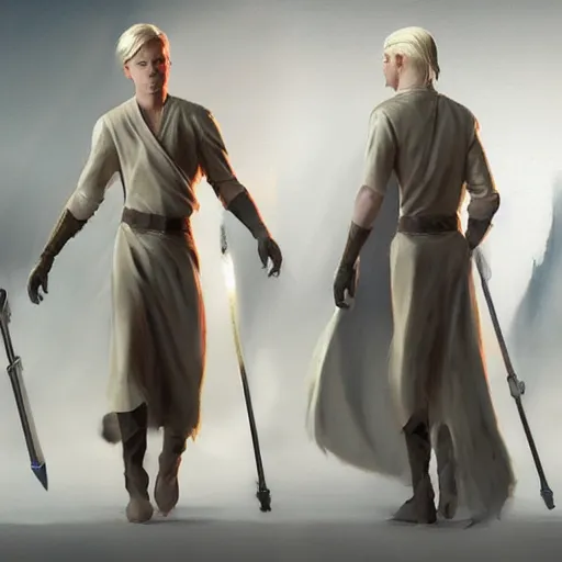 Prompt: a young blonde male jedi full body shot concept art by Doug Chiang cinematic concept art, realistic painting, high definition, digital art, matte painting, symmetrical, very detailed, realistic, dramatic lighting, cinematic, establishing shot, extremly high detail, photo realistic, cinematic lighting, post processed, concept art, artstation, matte painting, concept art by Doug Chiang