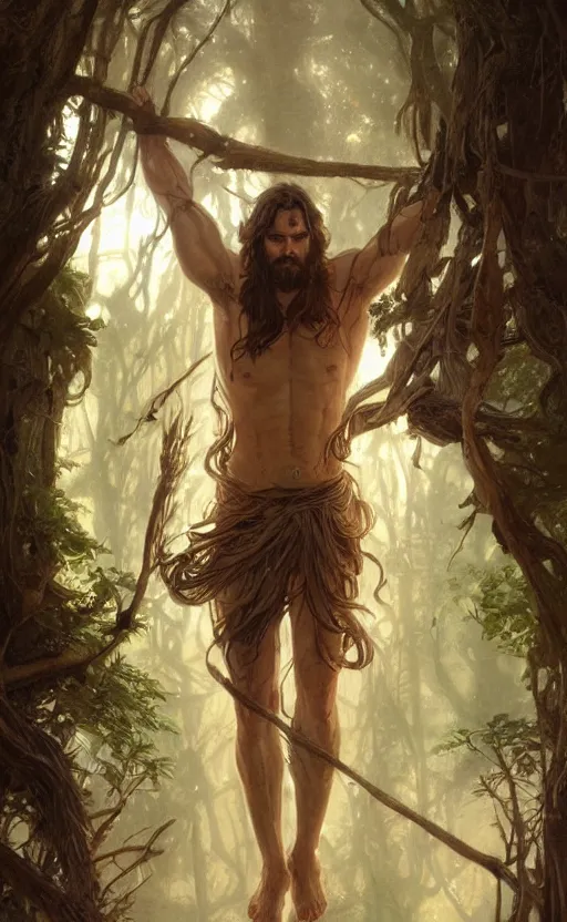 Image similar to God of the forest, male, rugged, shoulder-length hair, gorgeous, detailed face, clear face, amazing, muscular, intricate, highly detailed, digital painting, artstation, concept art, sharp focus, illustration, art by greg rutkowski and alphonse mucha