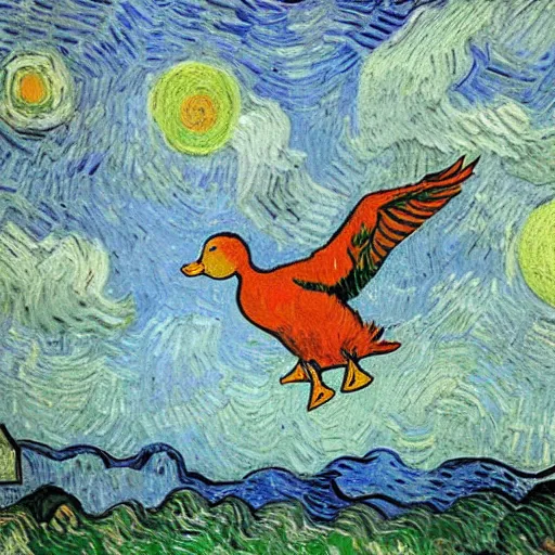 Prompt: flying duck, by van gogh