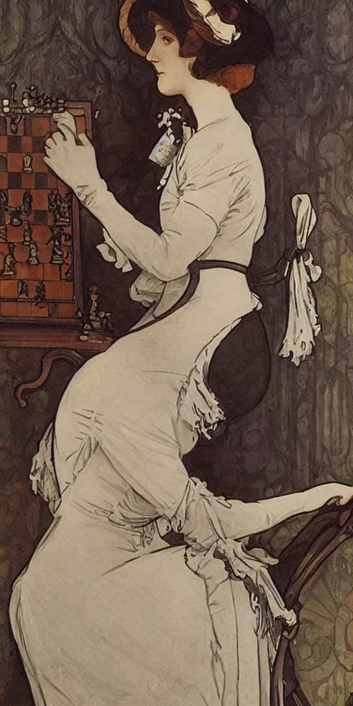 Image similar to a young edwardian woman playing chess, in the style of mucha