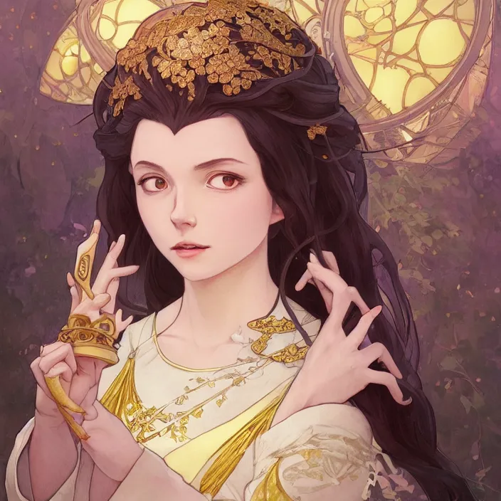 Image similar to kamado nezuko with sparkling eyes, closed up portrait, highly detailed, gold filigree, fantasy, soft cinematic lighting, award, disney concept art, watercolor illustration by mandy jurgens and alphonse mucha and alena aenami, pastel color palette, featured on artstation