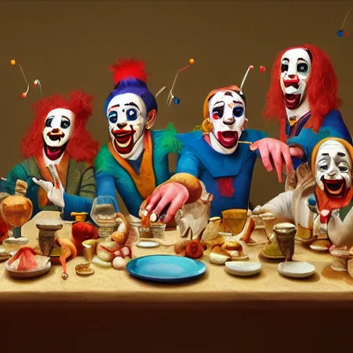 Image similar to last Supper of clowns, high quality, hyperdetalied,artstation,8K,