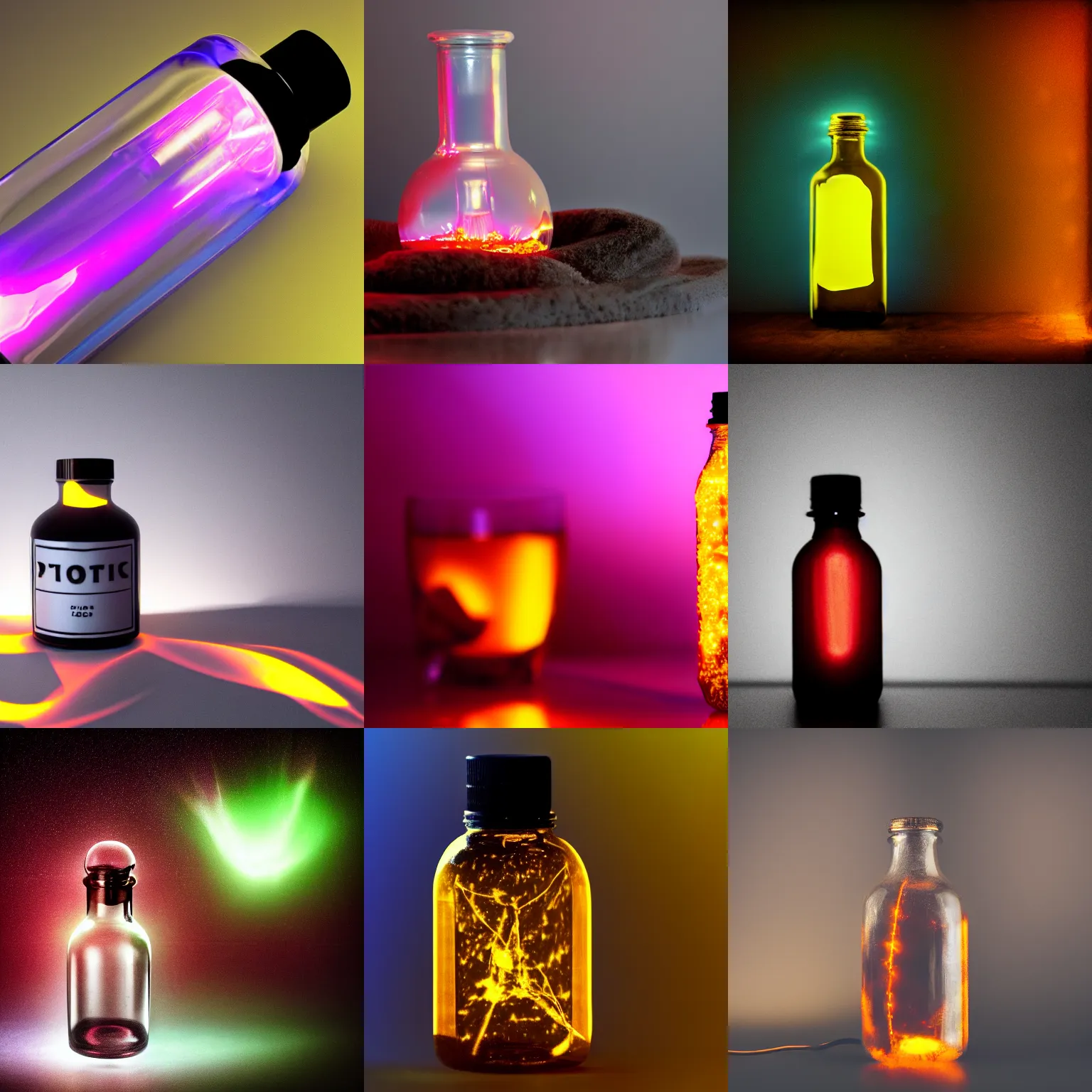 Prompt: glowing plasma in a glass bottle, studio lighting, edited in photoshop