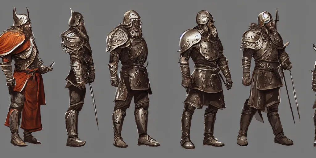 Image similar to three different views of a viking in armour, concept art by senior character artist, trending on artstation, artstation hd, full body