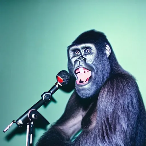 Prompt: photo of gorilla telling jokes on stage with microphone, comedy club, kodak portra 4 0 0 color negative film