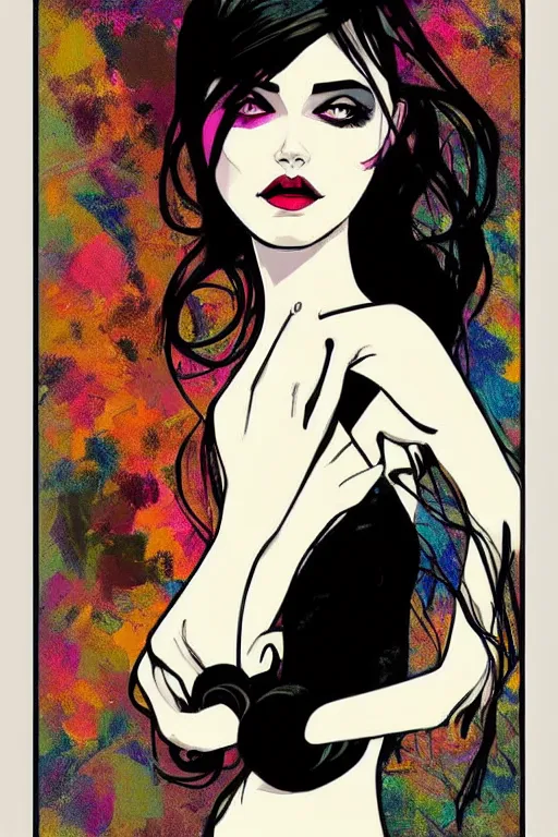 Prompt: vector style the abstract painting of an image of a lady artistic flat illustration, goth punk minimal figure art, soft colors mono chromatic, art in the style of Artgerm and Greg Rutkowski and Alphonse Mucha