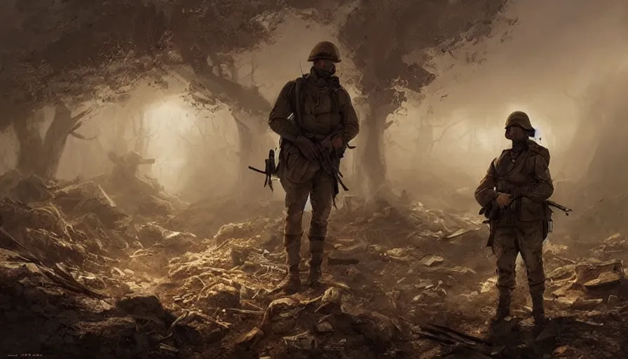 Image similar to beautiful digital painting of a lone survivor, one soldier after his squad killed in action in a trench waiting for the war to end. cinematic lighting and rendering, atmospheric, concept art, high detailed faces, artstation by artgerm and greg rutkowski,,