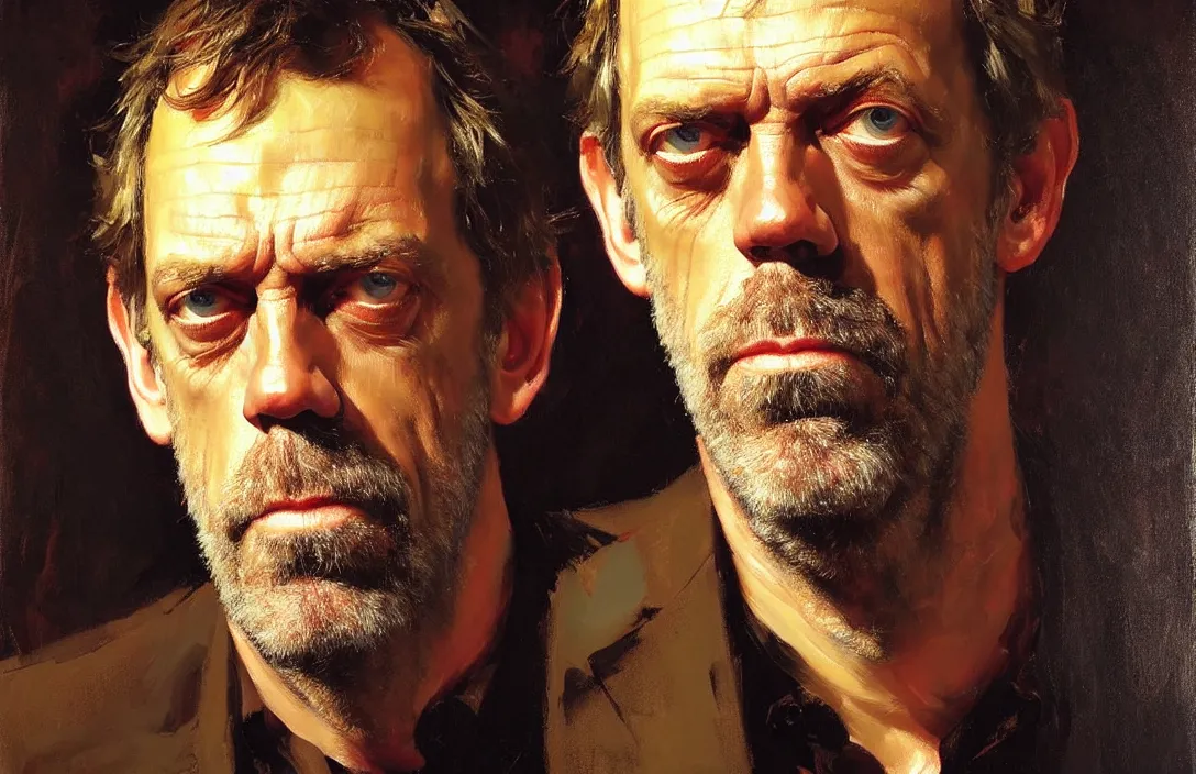 Image similar to portrait of hugh laurie!!!!!!!!!!!!!!!!!!!!!!!!!!!, detailed face, detailed painting, epic lighting, by ilya repin, phil hale and kent williams