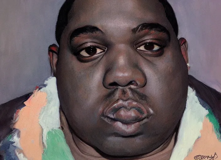 Image similar to a highly detailed beautiful portrait of notorious b. i. g on lsd, by gregory manchess, james gurney, james jean