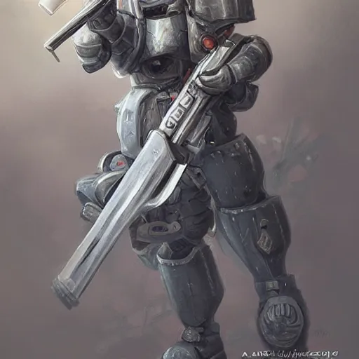 Prompt: cute grey cat wearing armor armed with giant bolter gun shooting down enemies, intricate, elegant, highly detailed, centered, digital painting, artstation, concept art, smooth, sharp focus, illustration, art by artgerm, WLOP