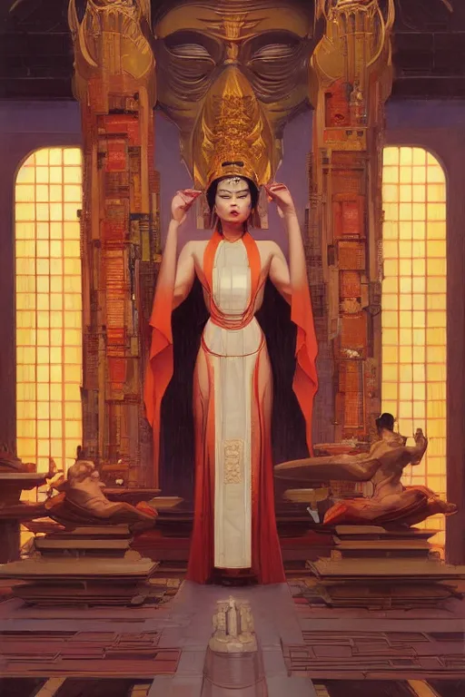 Image similar to temple, buddhism, futurism, painting by greg rutkowski, j. c. leyendecker, artgerm, donato giancola