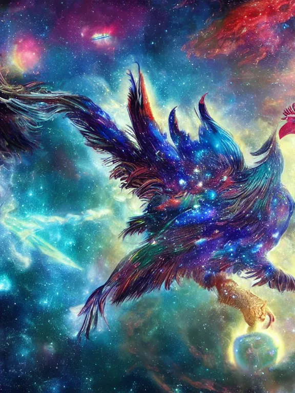 Image similar to a giant rooster floating in space, galaxy cosmic nebula, epic, volumetric light, hyperrealistic, glitter, mega detailed, beautiful composition, beautiful lighting, unreal render, 4 k, vincent di fate, john berkey, michael whelan